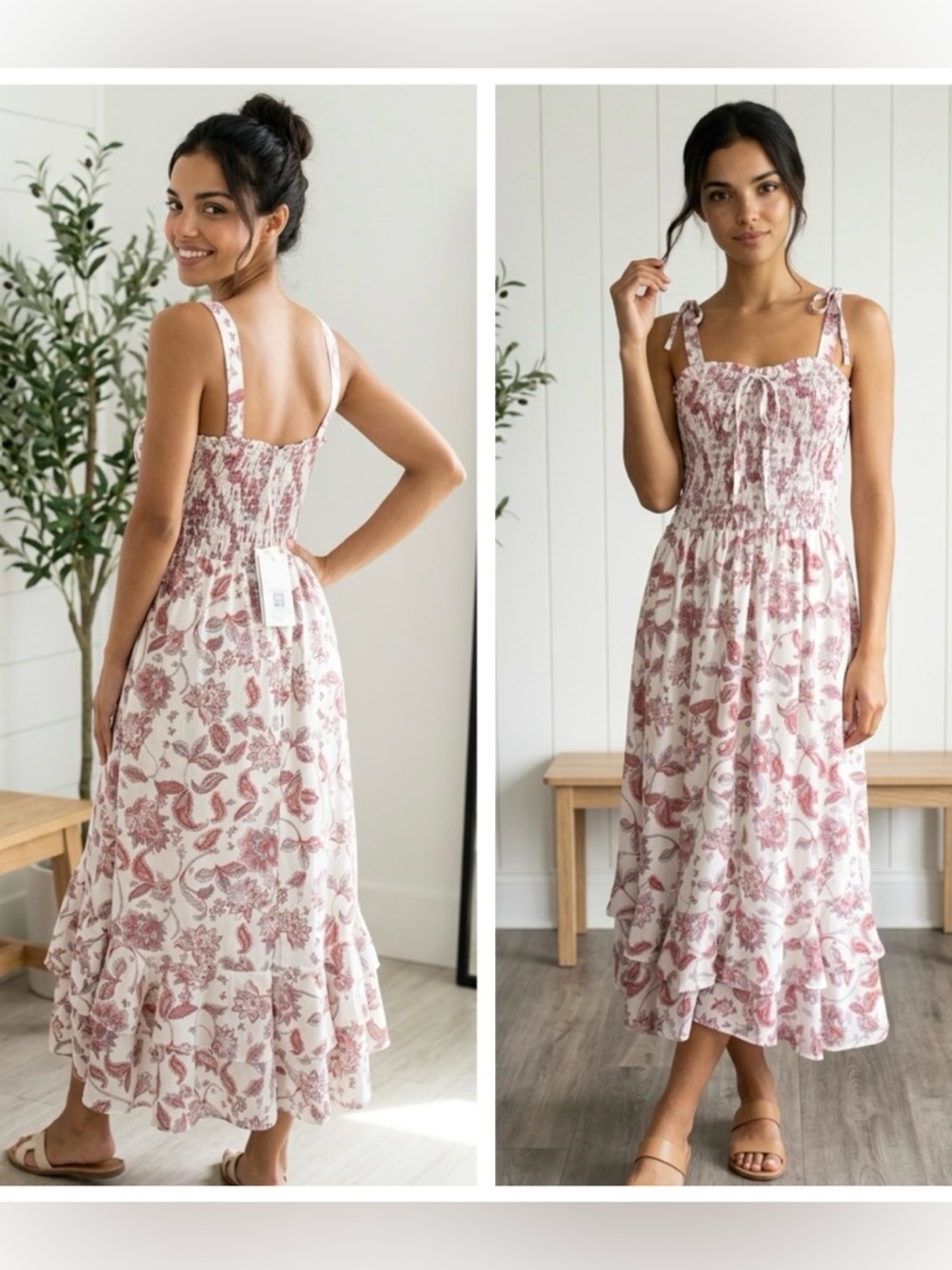 Grace Karin Women’s Sz M Smocked bodice floral ruffled Midi dress multicolor NWT